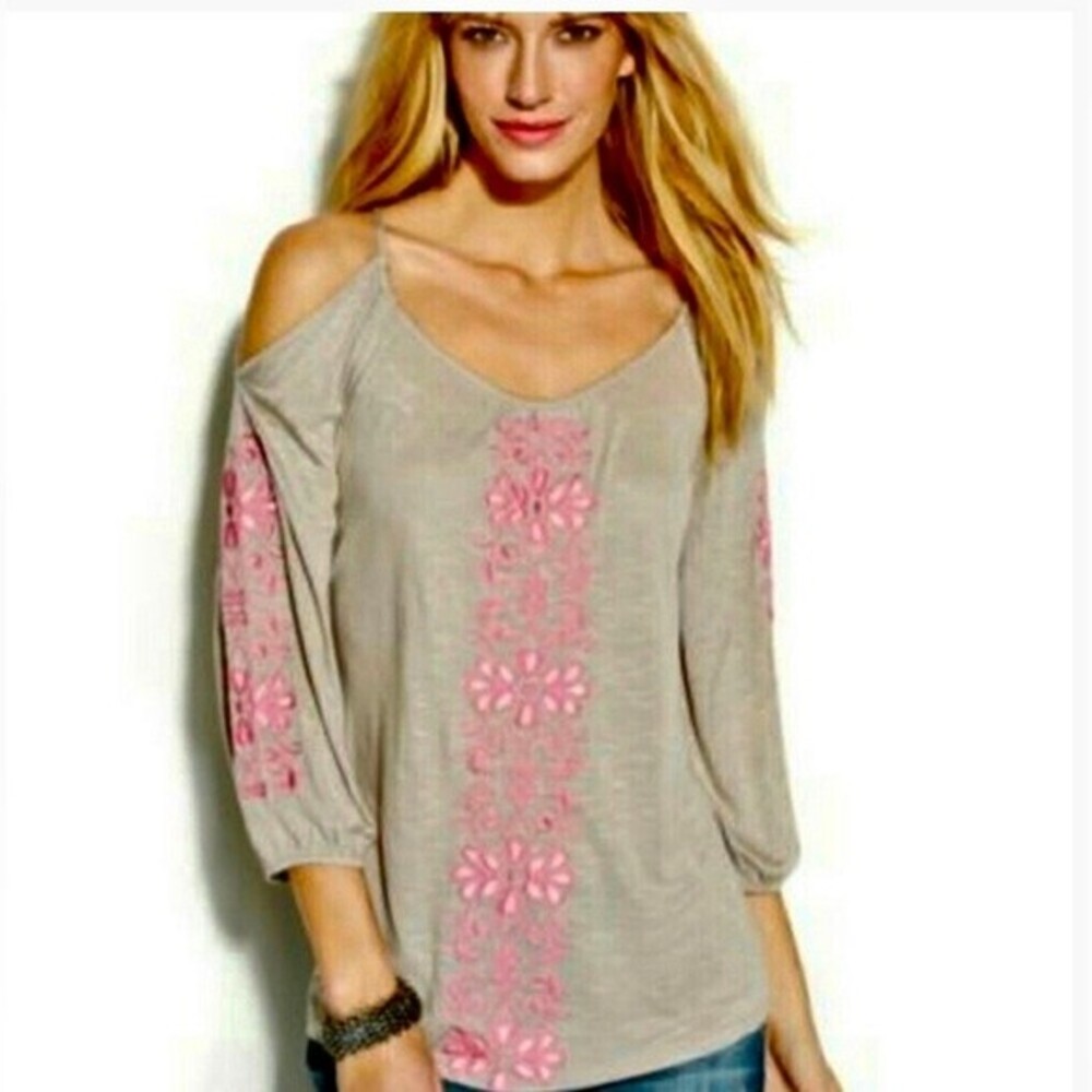 Tan and pink off shoulder floral top size small